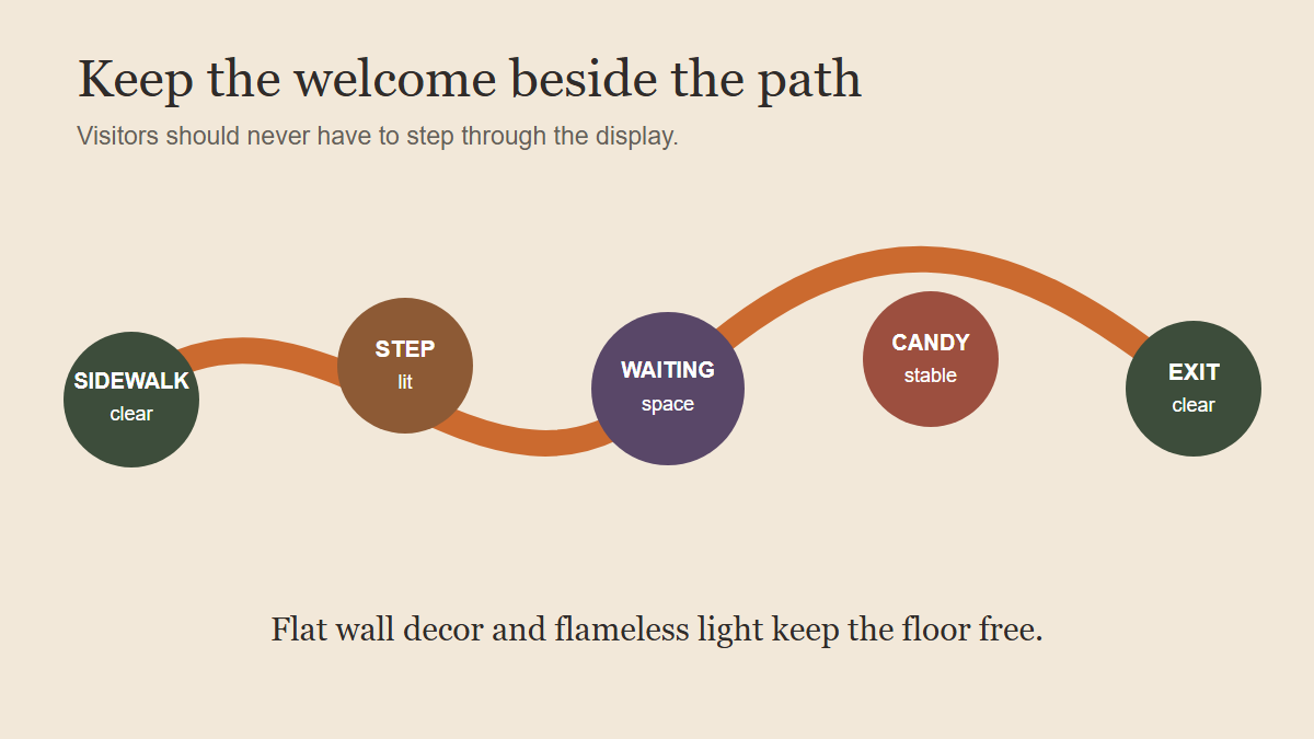 Infographic showing the Halloween visitor flow from sidewalk to lit step, waiting spot, candy station, and exit