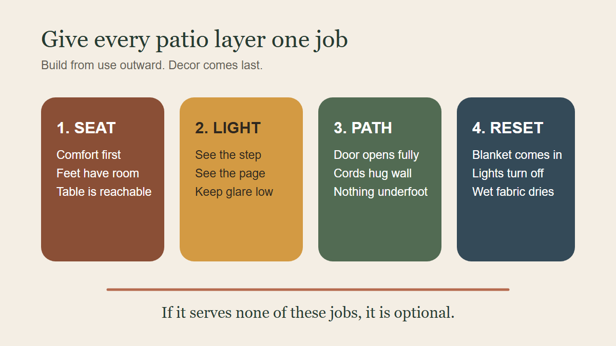 Infographic showing a small fall patio divided into seat, light, path, and storage zones