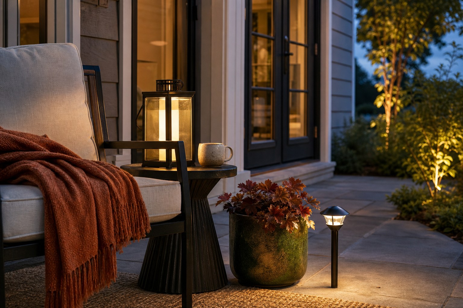 Close view of a small patio chair with a warm lantern on a side table and a second low light near a planter