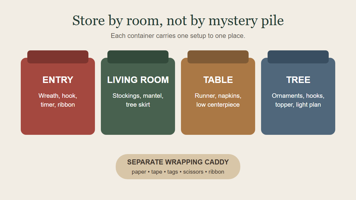 Infographic showing four Christmas storage bins for entry, living room, table, and tree with a separate wrapping caddy