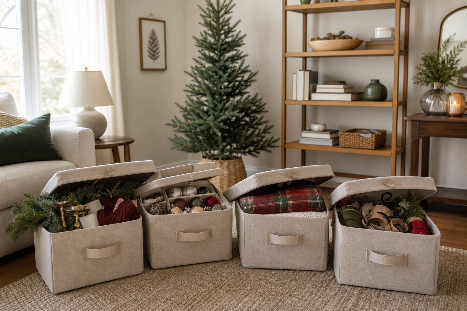 Four open Christmas decor bins arranged by room in a small living room beside an undecorated tree