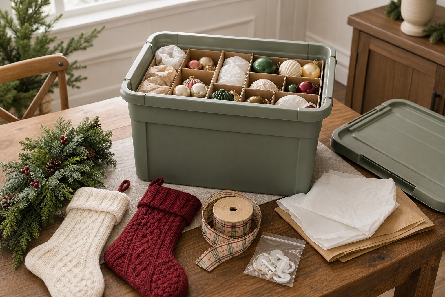 Open Christmas storage bin with divided ornament trays beside stockings, garland, ribbon, tissue paper, and hooks
