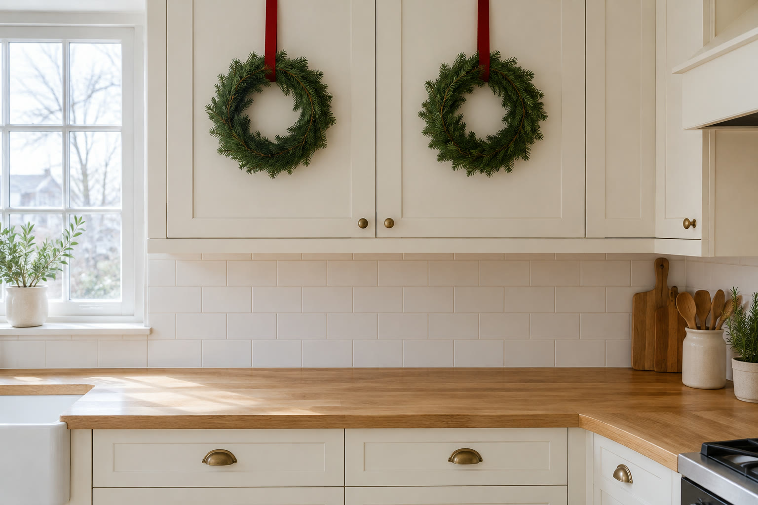 Bright small kitchen with two evergreen wreaths on upper cabinets and clear counters