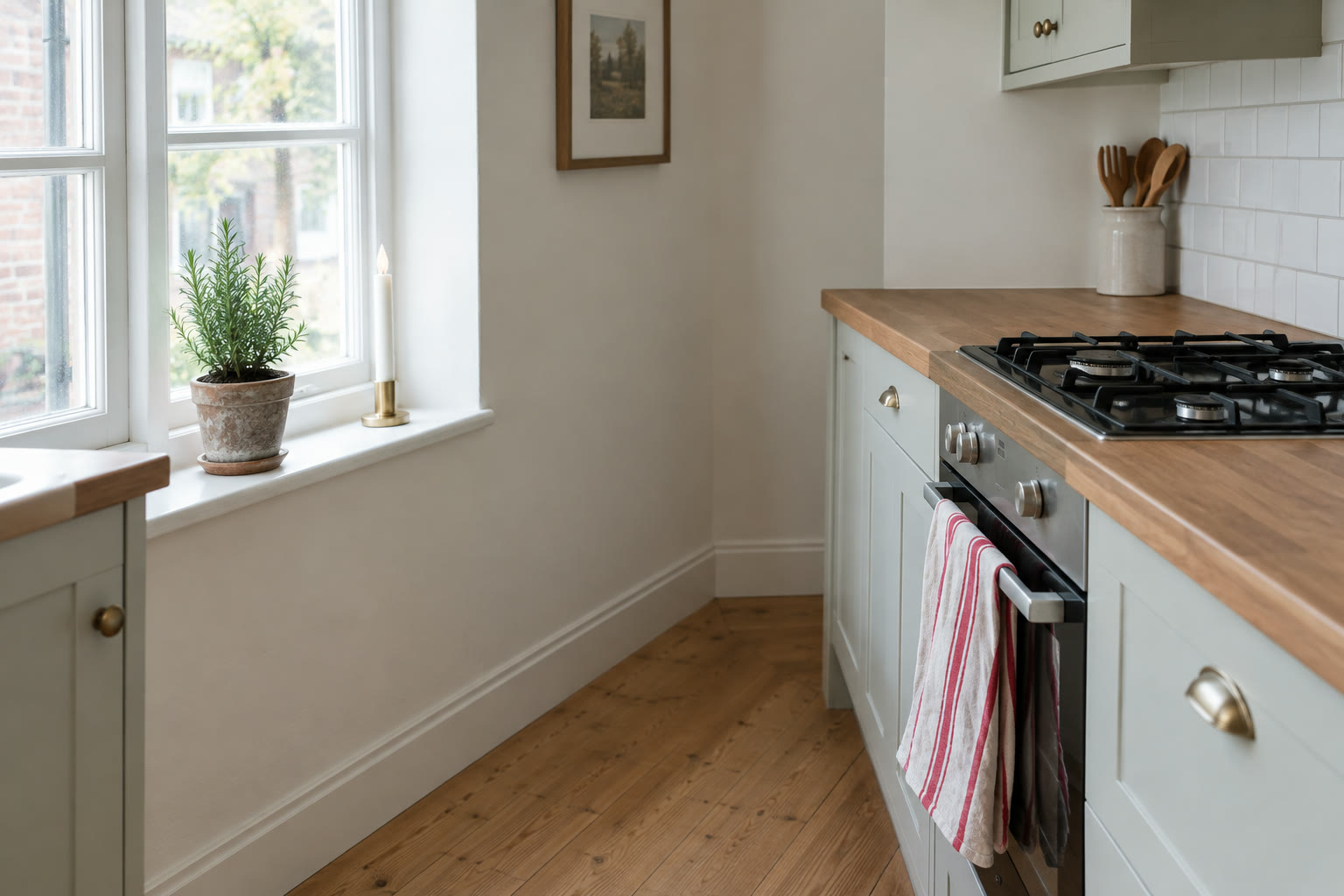 Compact kitchen with a rosemary plant on the windowsill and a striped tea towel on the oven