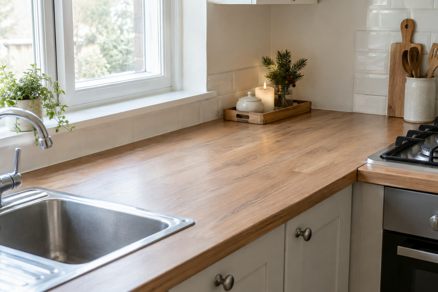 Small wooden holiday tray at the back of a clear kitchen worktop