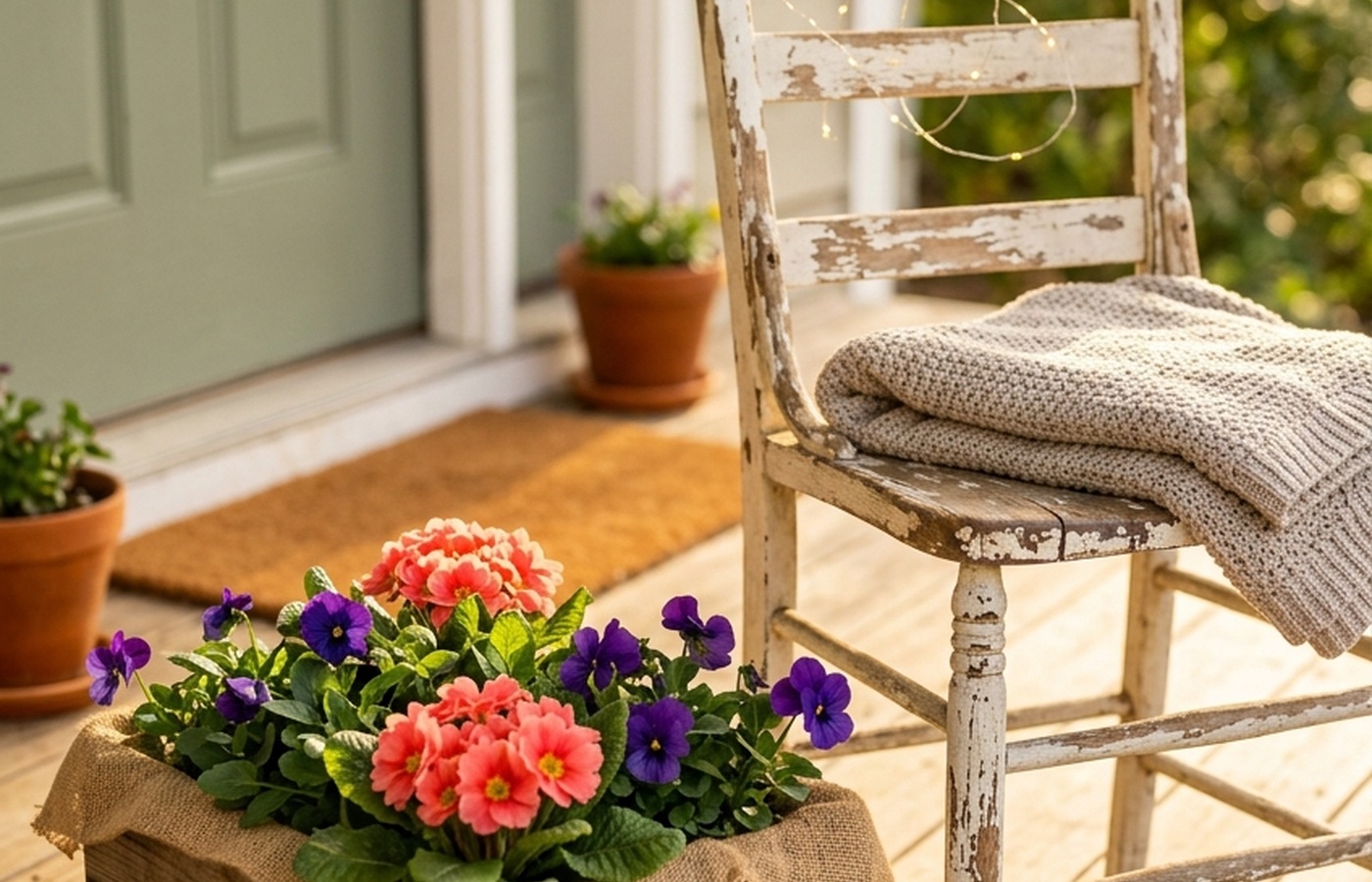 Potted plants arranged around a small porch seating area