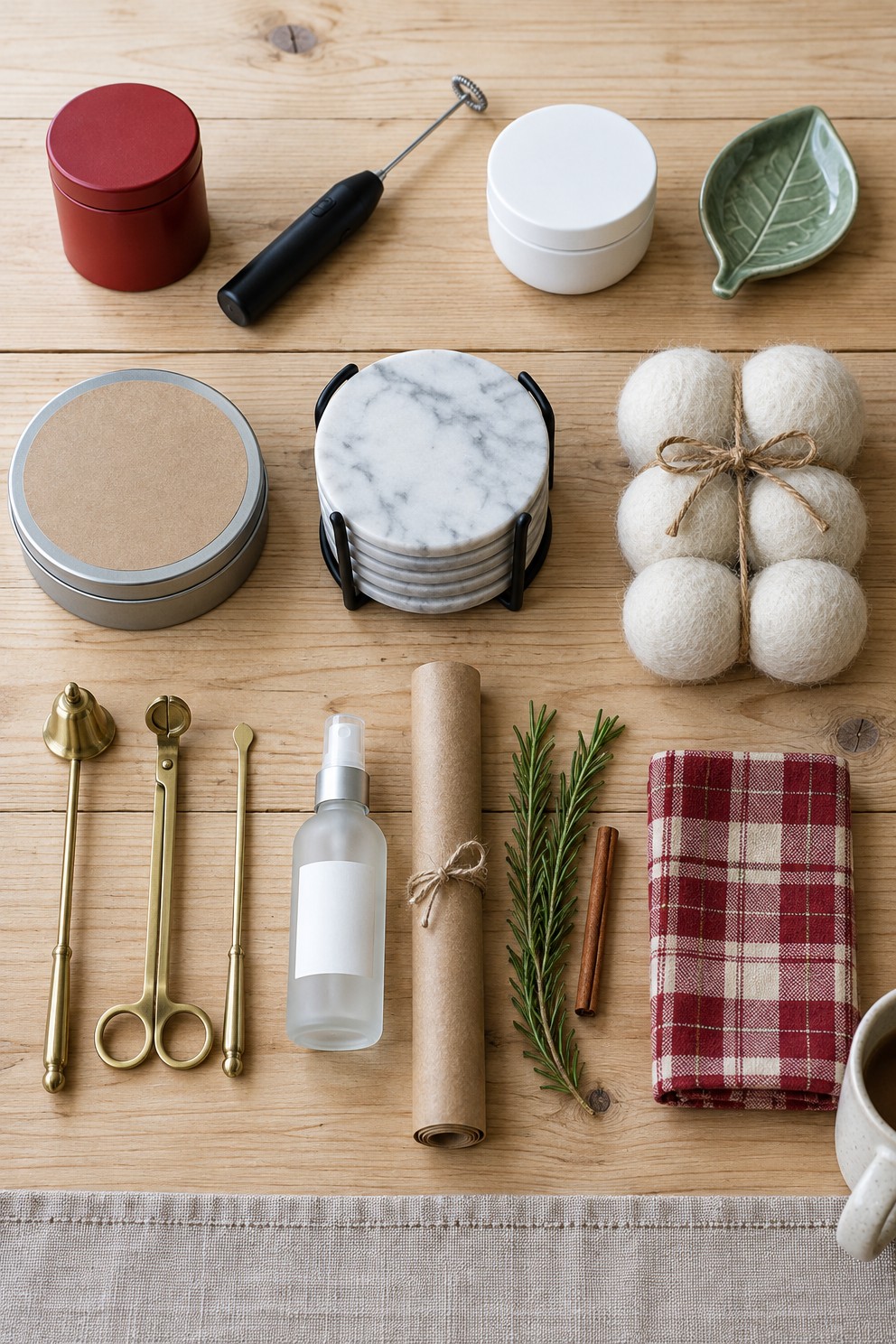 Overhead view of small stocking stuffers laid out on a pine kitchen table: a red tin, a milk frother, a hand cream jar, a green ceramic spoon rest, a puzzle tin, marble coasters in a holder, wool dryer balls, brass candle tools, a spray bottle and a plaid napkin