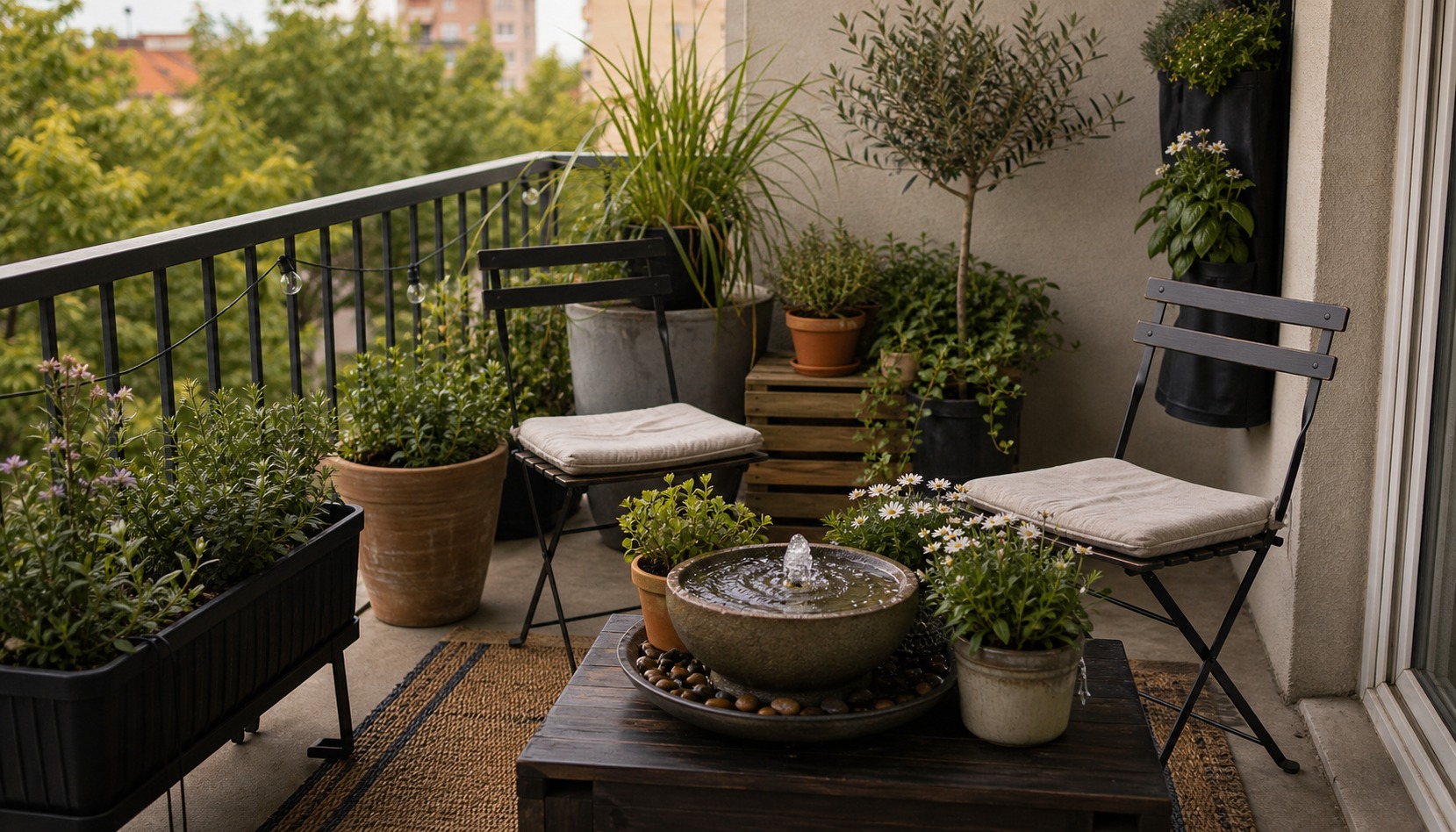 Renter-friendly apartment balcony with a small tabletop water feature, plants, and two chairs