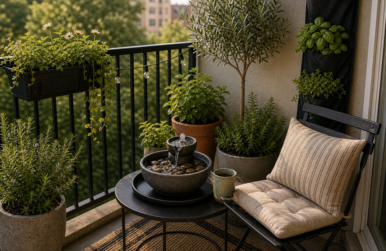 Small balcony with a solar fountain bowl, plants, and a quiet chair corner