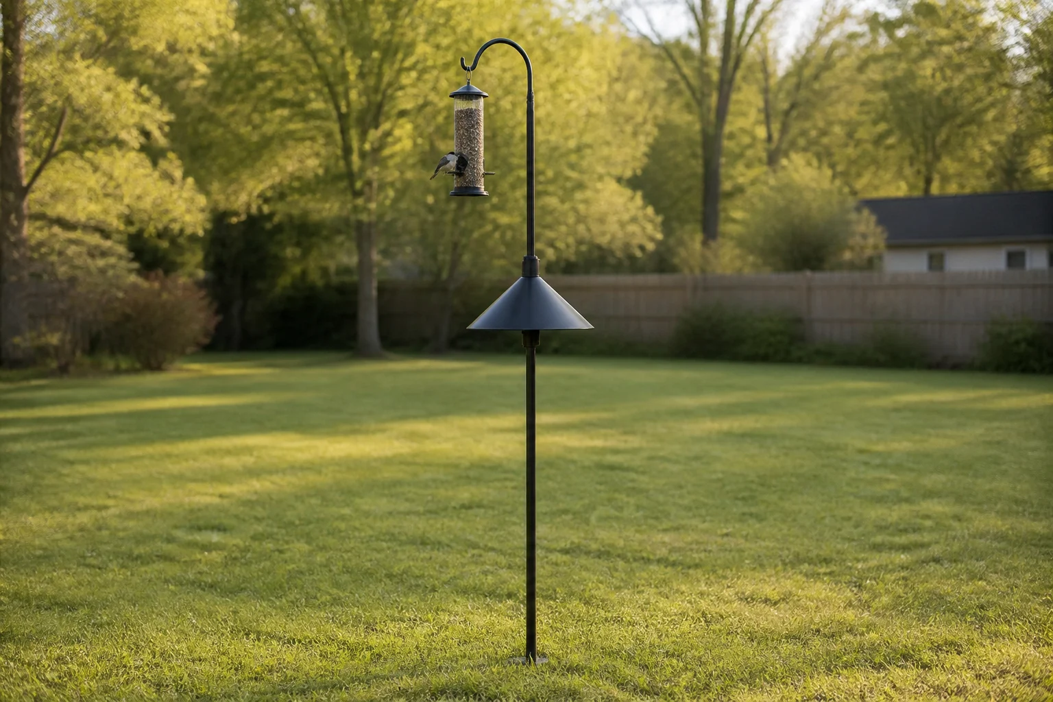 Smooth black feeder pole and cone baffle standing in open lawn away from launch points
