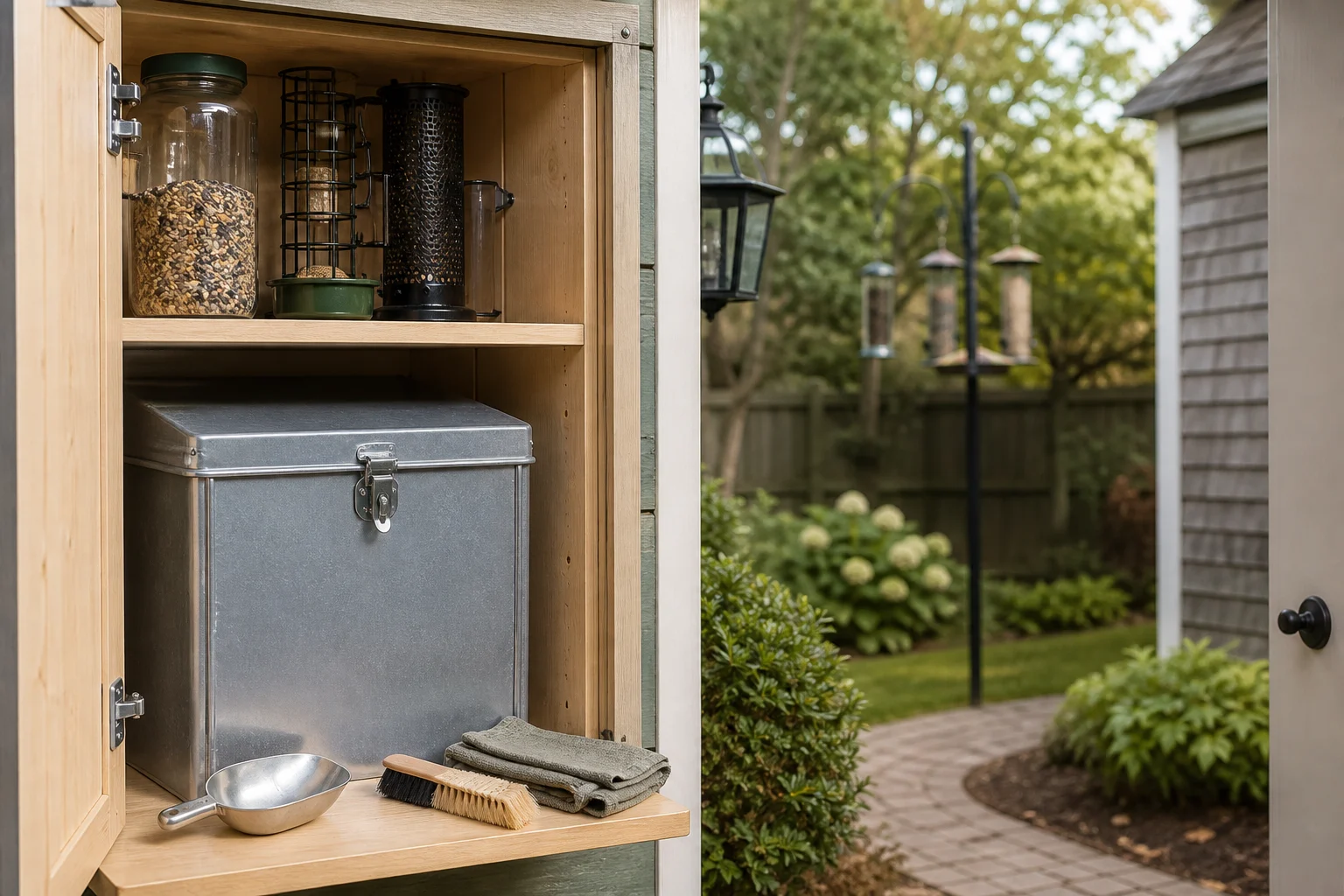 Locking metal seed bin, scoop, brush, and spare feeder parts in an outdoor cabinet