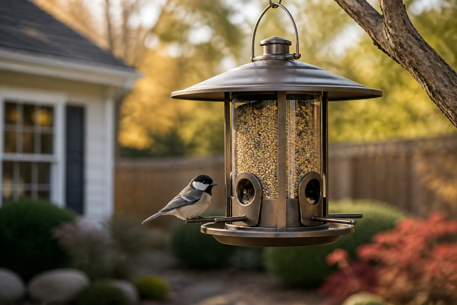Metal weight-sensitive bird feeder with a chickadee at the feeding port