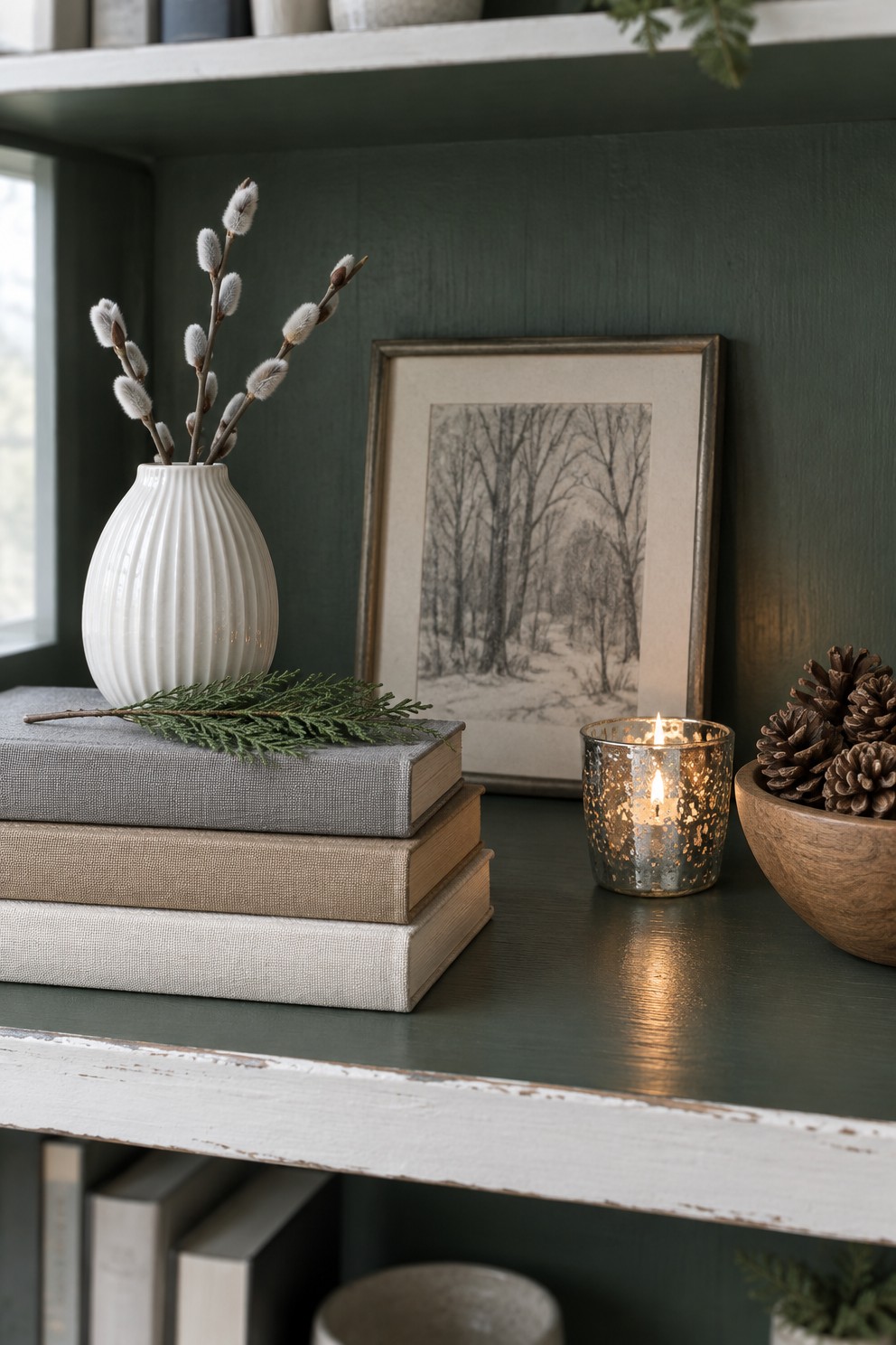 Close view of a deep green shelf with three cloth-bound books, a ribbed white vase of pussy willow, a mercury glass votive with a lit tealight, a bowl of pinecones and a framed winter drawing