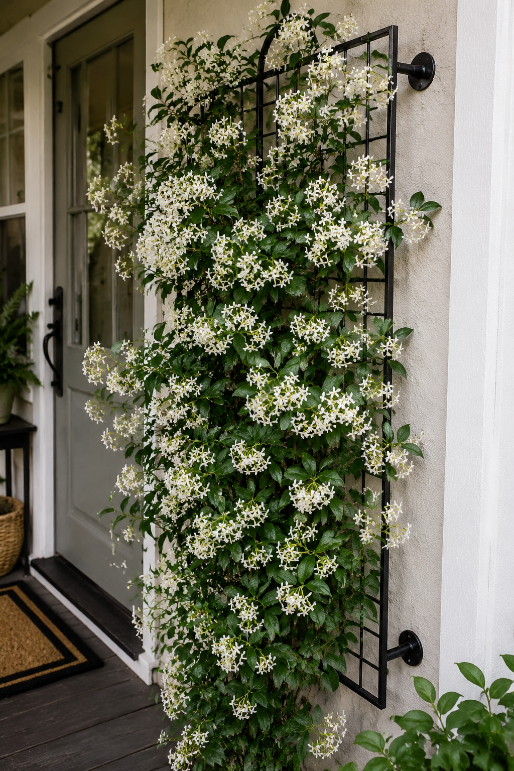Star jasmine vine in full bloom on a black iron trellis beside a front door, white star-shaped flowers in clusters with glossy dark green leaves