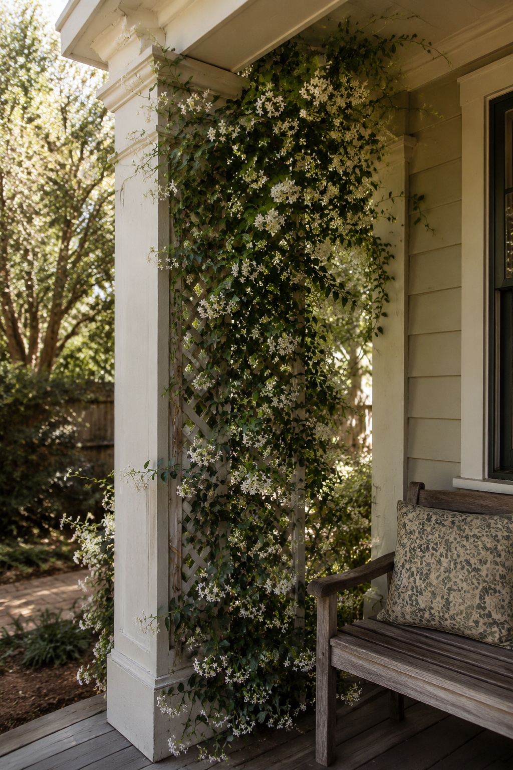 Star jasmine vine climbing a wooden lattice panel on a porch column with white blooms cascading down