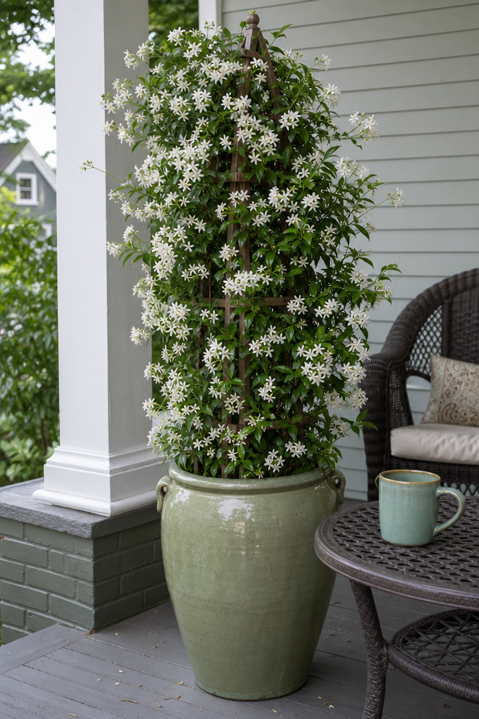 Large glazed ceramic container on a porch holding a star jasmine vine trained up a wooden obelisk in full bloom
