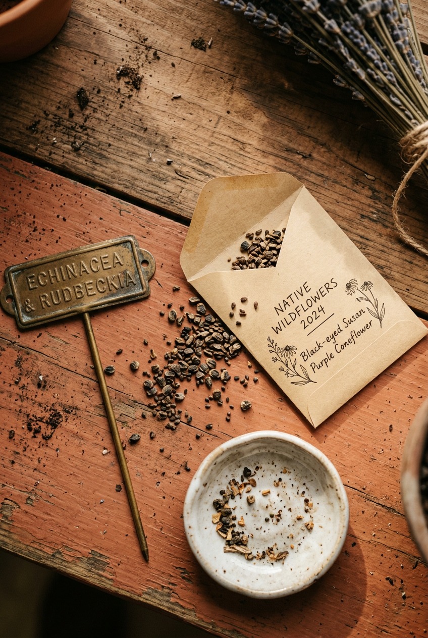 Hands holding native wildflower seed mix with Black-eyed Susan and Purple Coneflower seeds visible