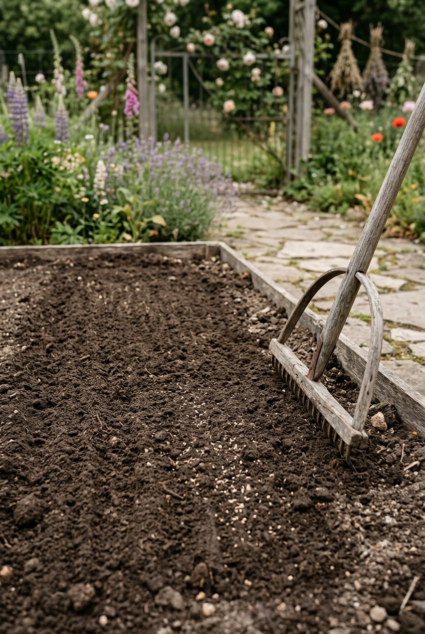 Freshly sown wildflower garden bed with visible seed and light rake marks in bare soil