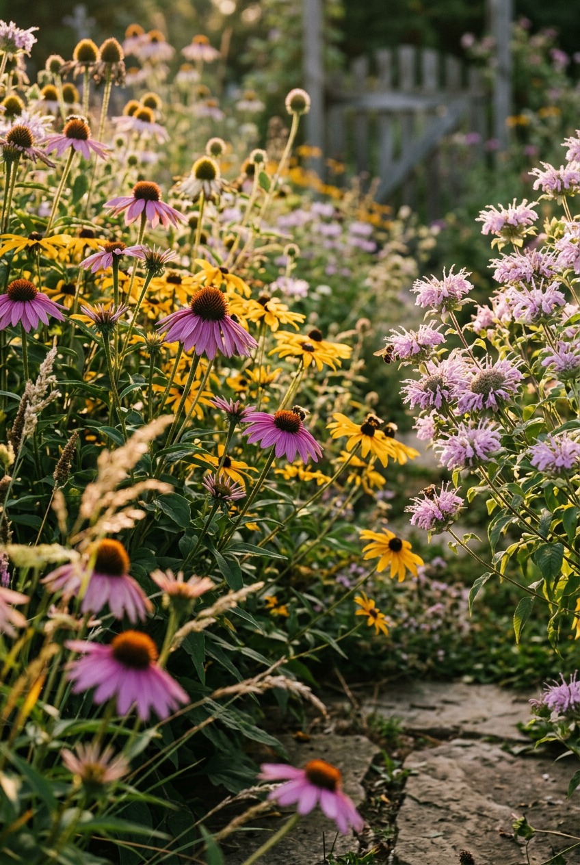 Mature wildflower garden in full bloom with Black-eyed Susans, Purple Coneflowers, and bees visiting flowers