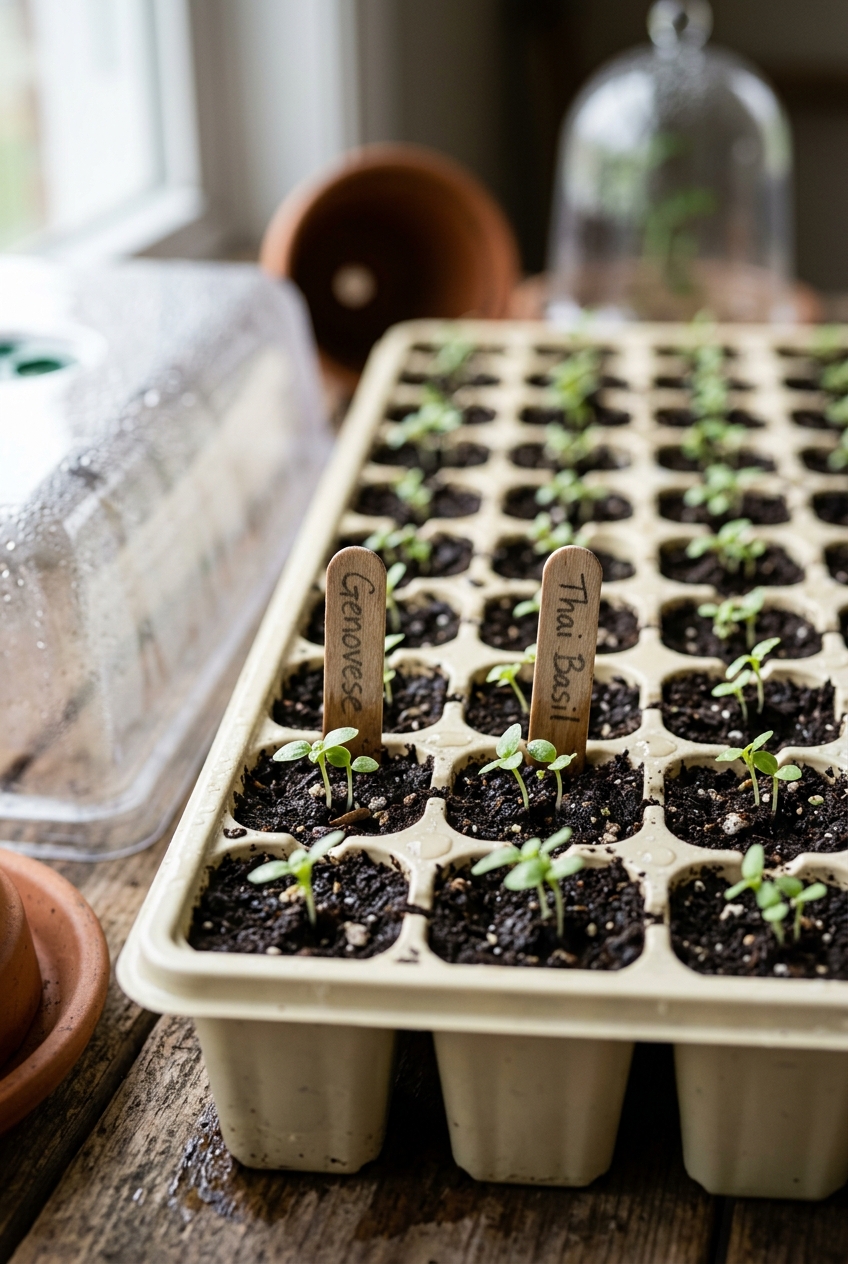 Seed starting trays with labeled herb varieties under grow lights