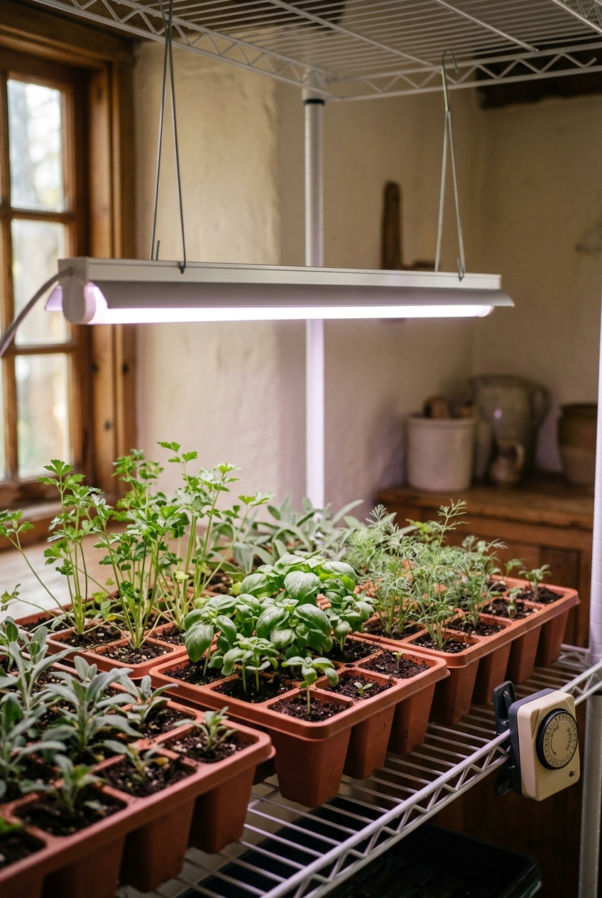 Basil seedlings being thinned with scissors in seed starting cells