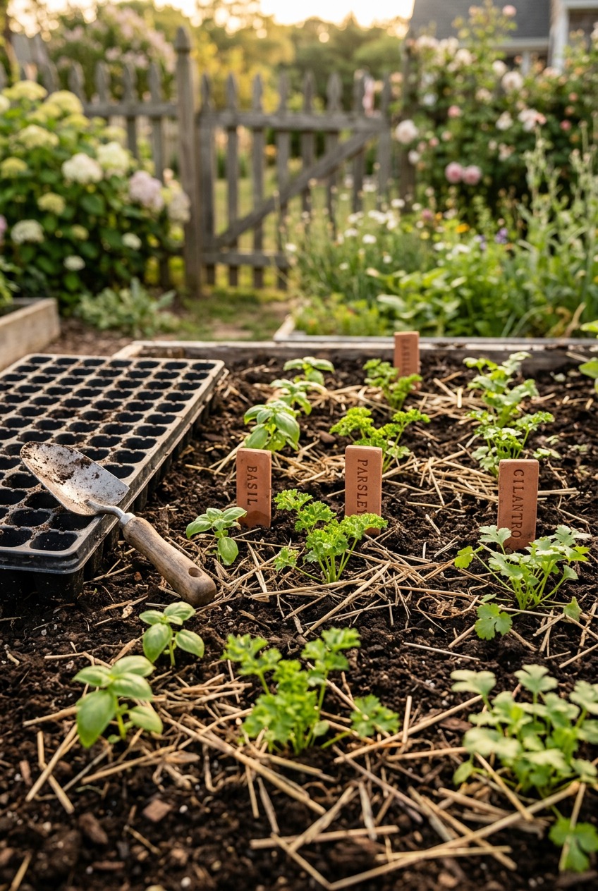 Hardened off herb seedlings in outdoor garden bed ready for transplanting