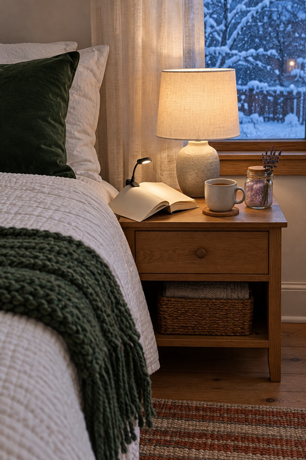 Bedroom nightstand in warm lamplight with a bright window showing snow, holding a paperback with a clip-on book light, a cup of tea and a jar of lavender bath salts, with a folded deep green throw on the bed