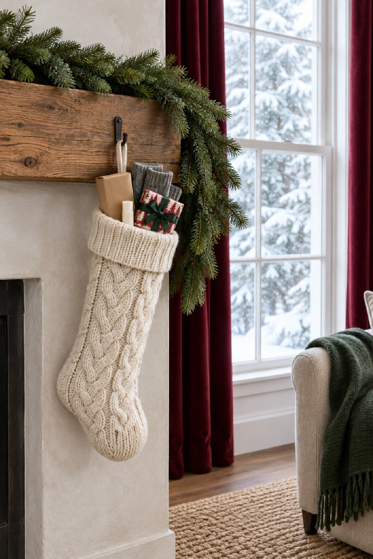 Cream knit stocking hanging from an oak mantel beside a green garland, holding a box of tea, a pair of folded gray socks, a tube of lip balm and a small gift wrapped in red and white Christmas paper, with a bright window and snow behind