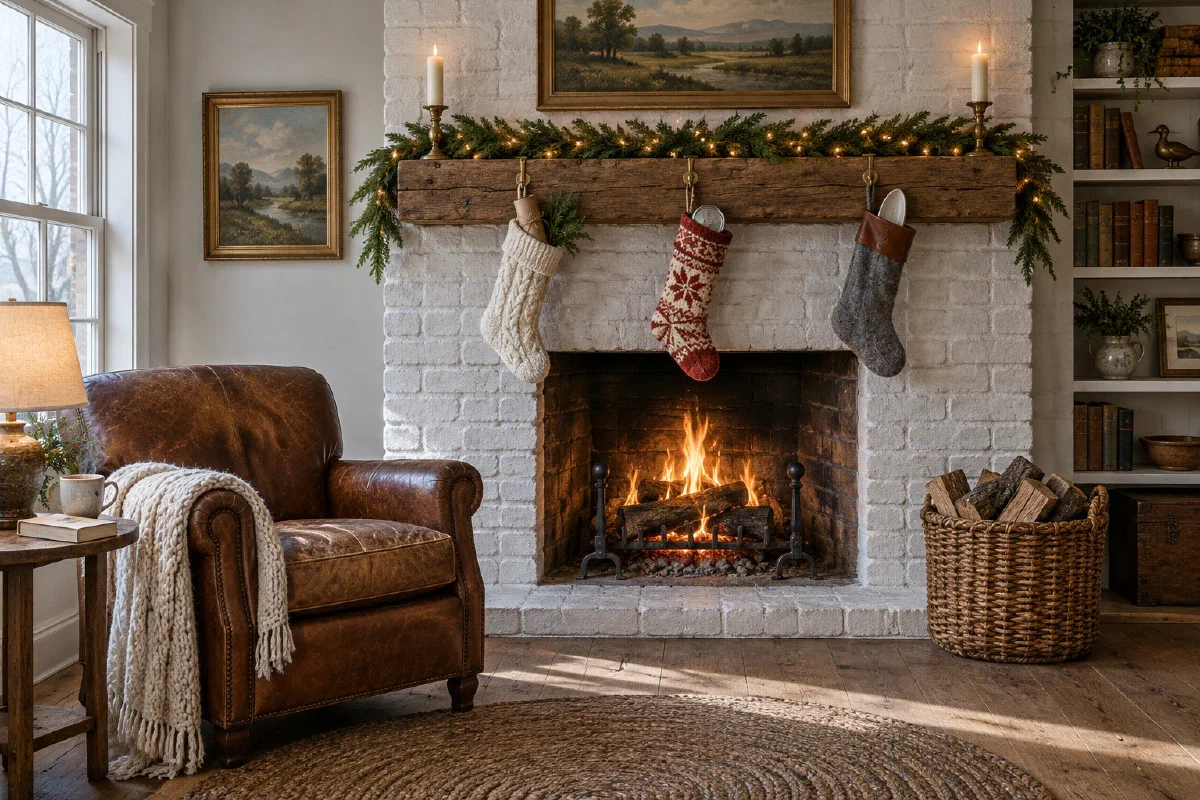 Three knit and wool stockings hanging from an oak mantel beam over a lit fire, with a cedar garland, a leather armchair and a cream knit throw beside the hearth