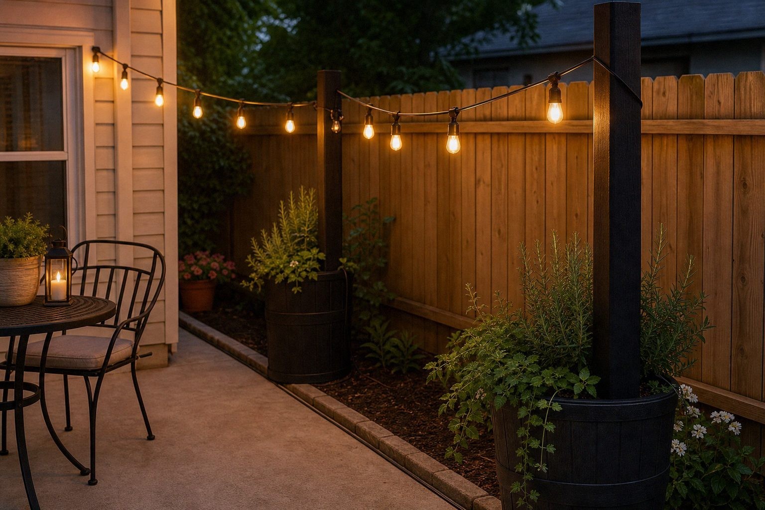 Small patio string lights hung from dark planter posts beside a wood fence with herbs planted around the bases