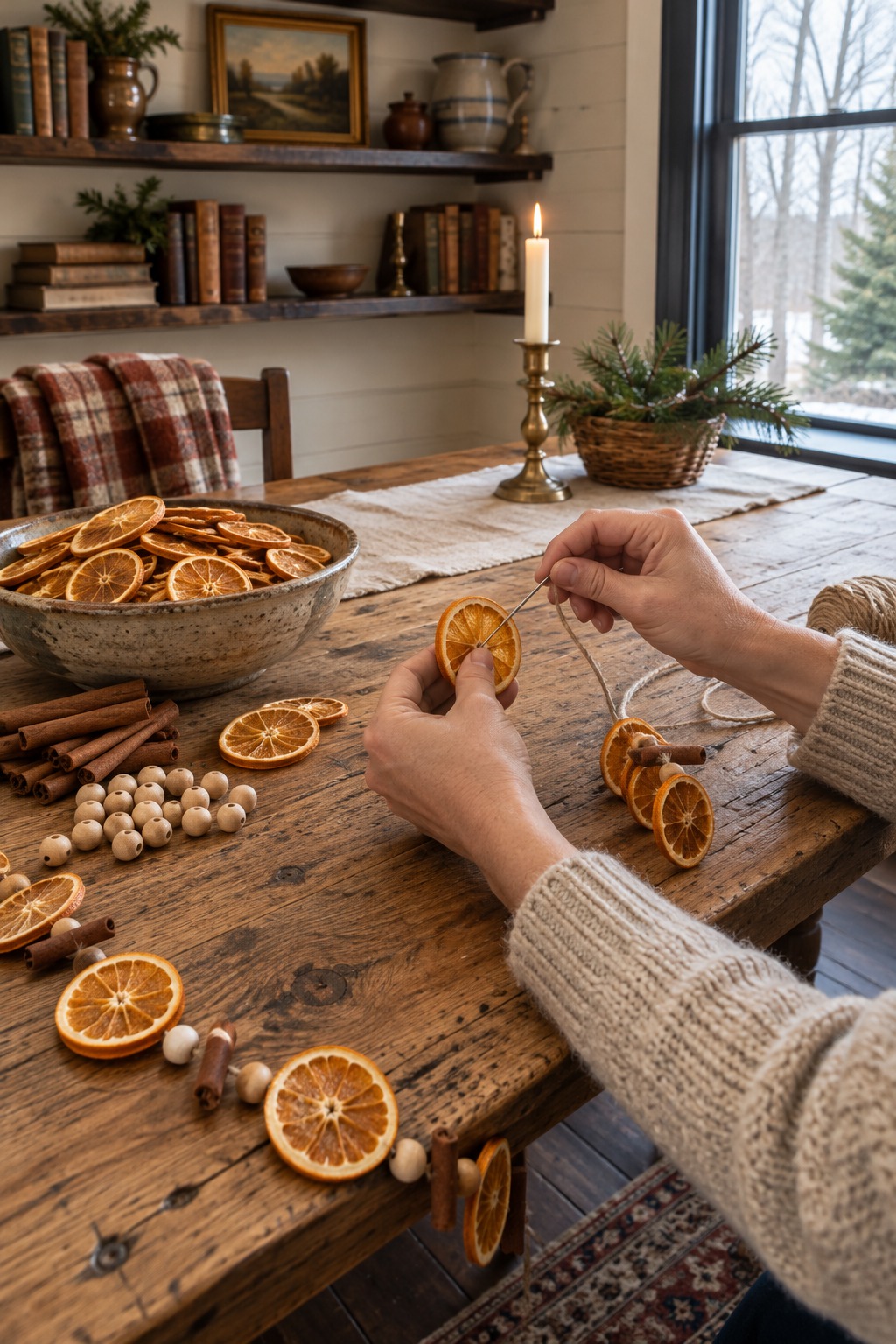 Hands threading dried orange slices onto jute twine with a large-eye needle at a wooden table, with cinnamon sticks, wooden beads and a bowl of dried slices beside them
