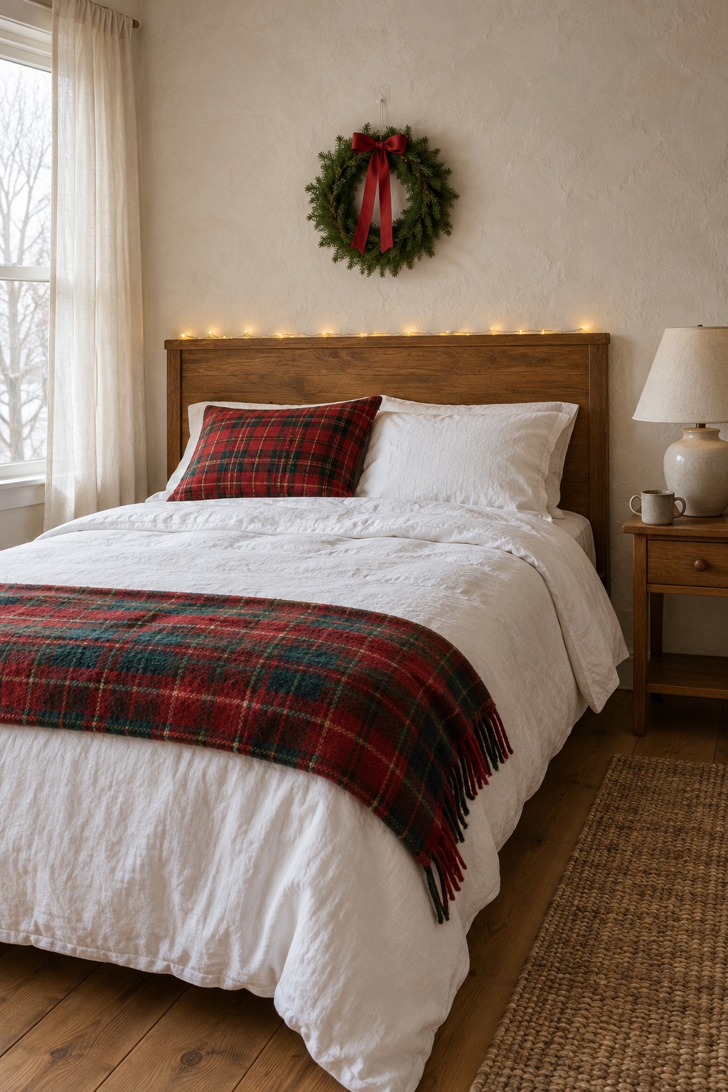 Bed in a studio apartment with a red and green plaid throw folded across the foot, a green mini wreath hung on the wall above the headboard and a short strand of warm white lights along the headboard