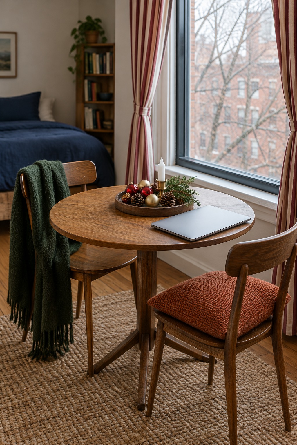 Small round wooden bistro table in a studio apartment by the window, with a low wooden tray holding red and gold ornaments, pinecones and a sprig of cedar, two white flameless candles and a laptop closed to one side