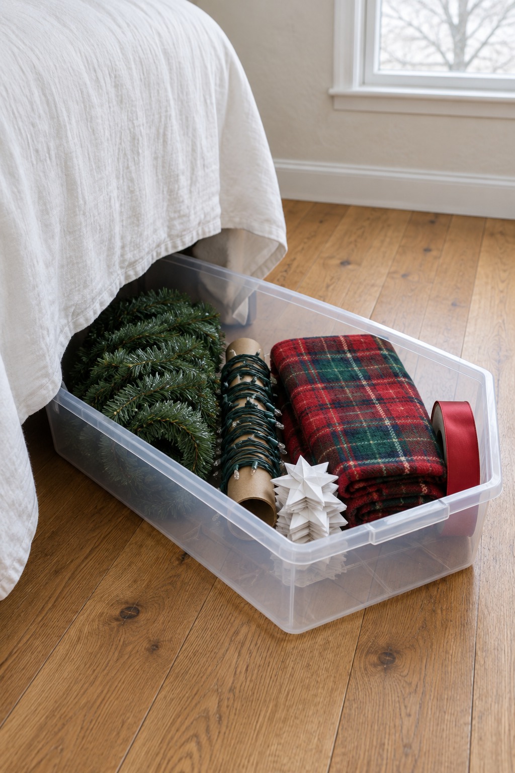 Flat clear under-bed storage bin pulled halfway out from under a bed, holding a rolled garland, string lights wound around a cardboard tube, folded paper stars and a folded plaid throw