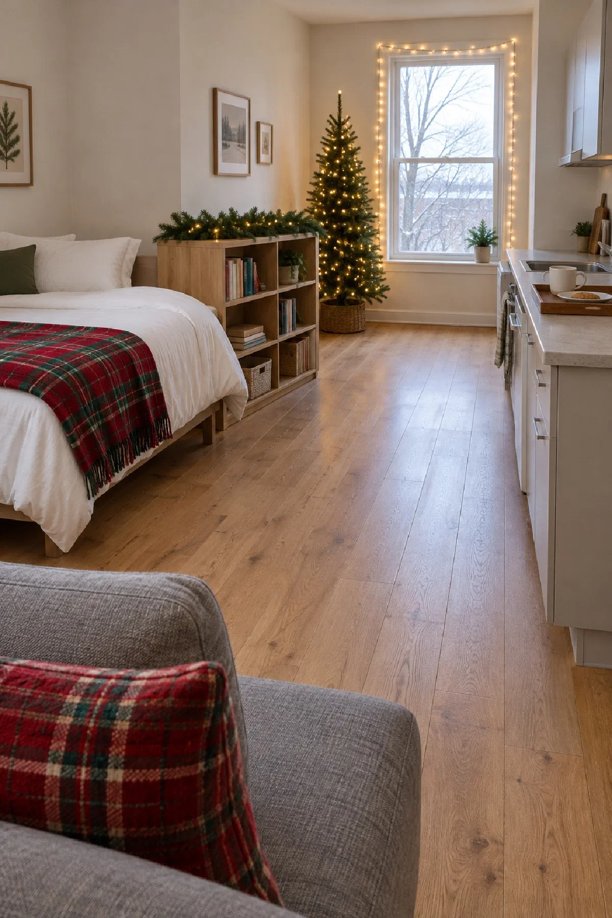 Studio apartment in December with a slim lit tree in the corner by the window, a bed with a red and green plaid throw at the far end, a sofa with a matching pillow, and warm string lights framing the window