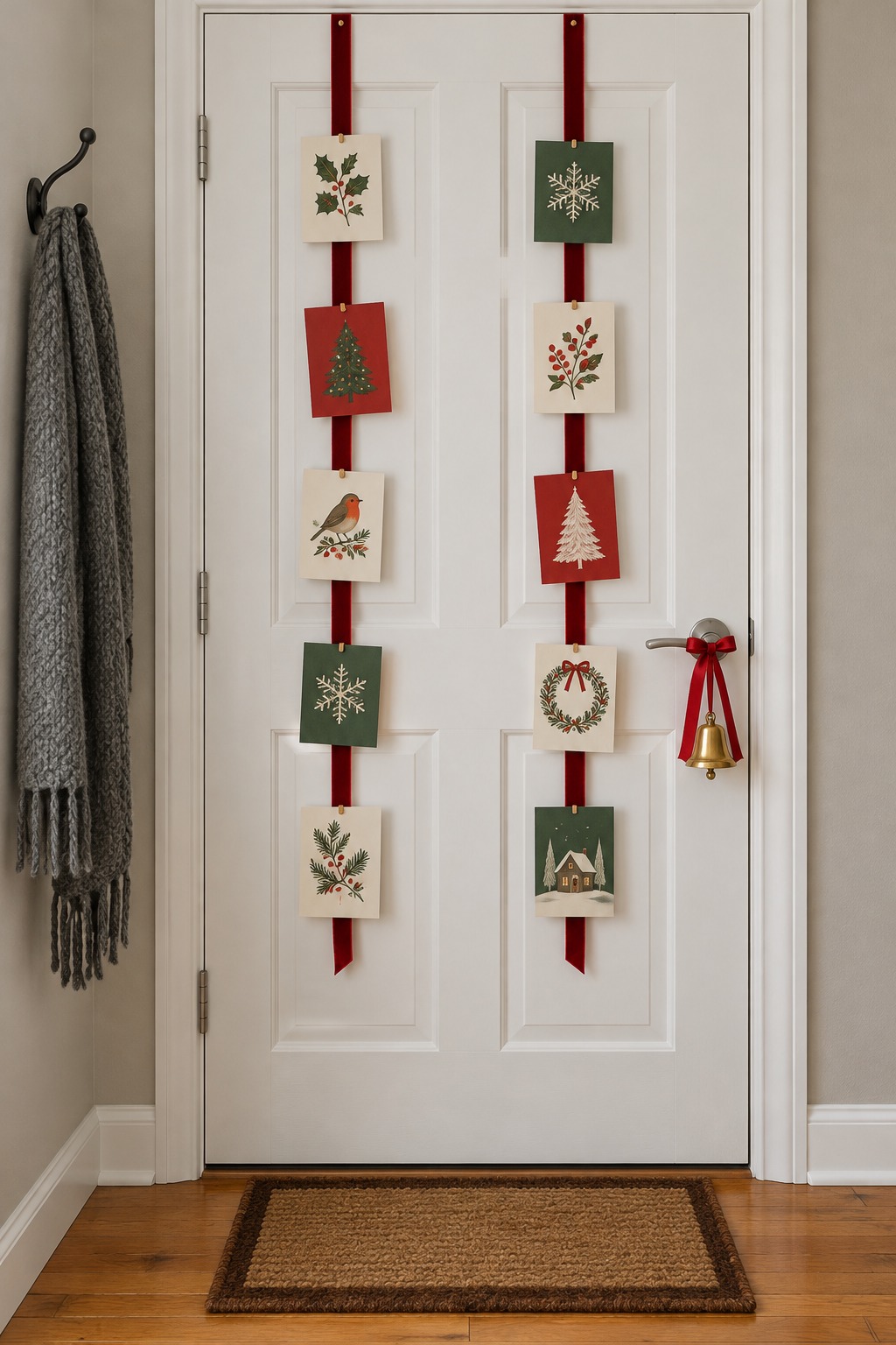 Inside of a white studio apartment front door with two velvet ribbons hanging down it holding Christmas cards on mini clothespins, a small bell tied to the door handle and a coat hook beside it