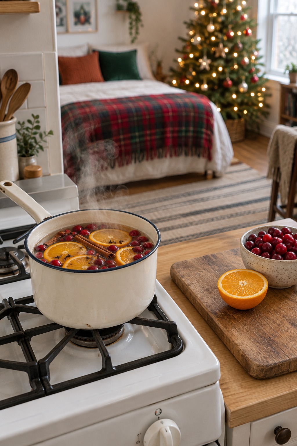 Small saucepan simmering on the stove of a studio kitchenette with orange slices, cranberries, cinnamon sticks and cloves floating in the water, and the bed and a lit tree blurred in the room behind