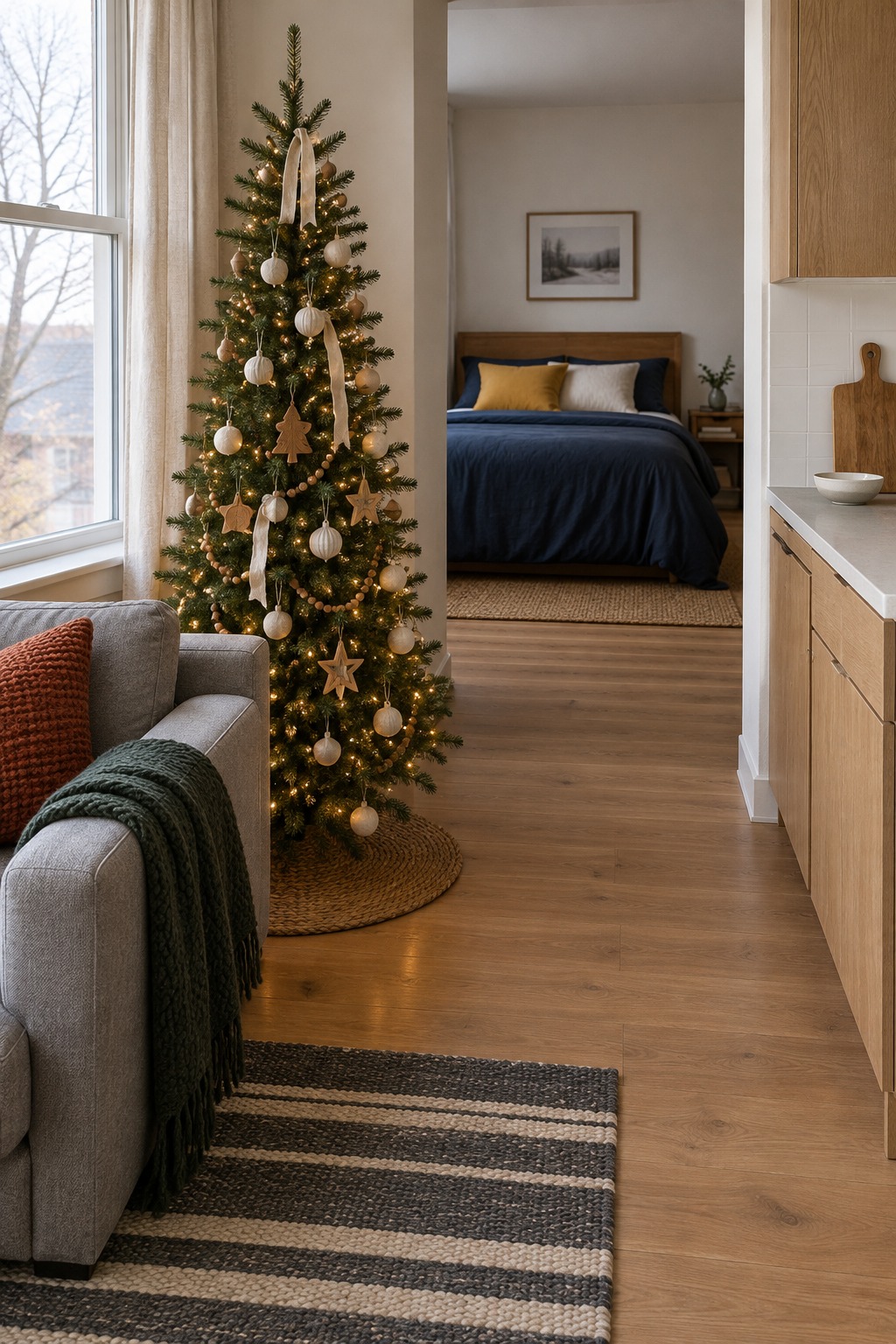 Slim lit Christmas tree in the corner of a studio apartment between a window and the end of a gray sofa, with a bed visible across the room and a clear path to the kitchenette