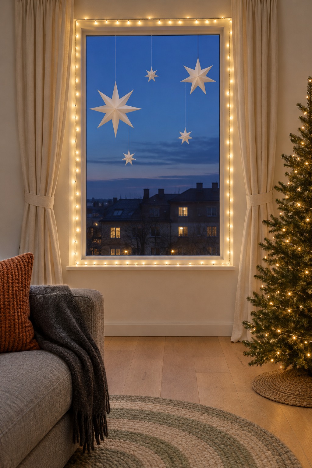 Large window in a studio apartment at dusk framed with warm white string lights and five white paper stars hanging on fishing line, with a tree and the edge of a sofa in front