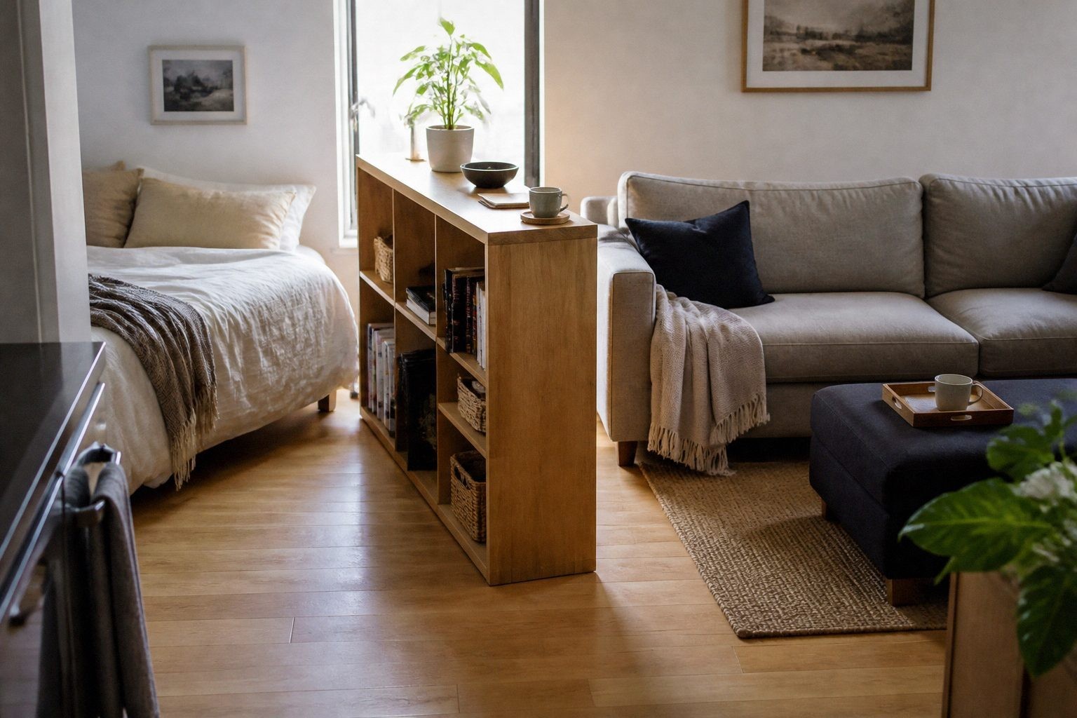 Low open bookcase placed perpendicular to a wall between a studio bed and living room sofa