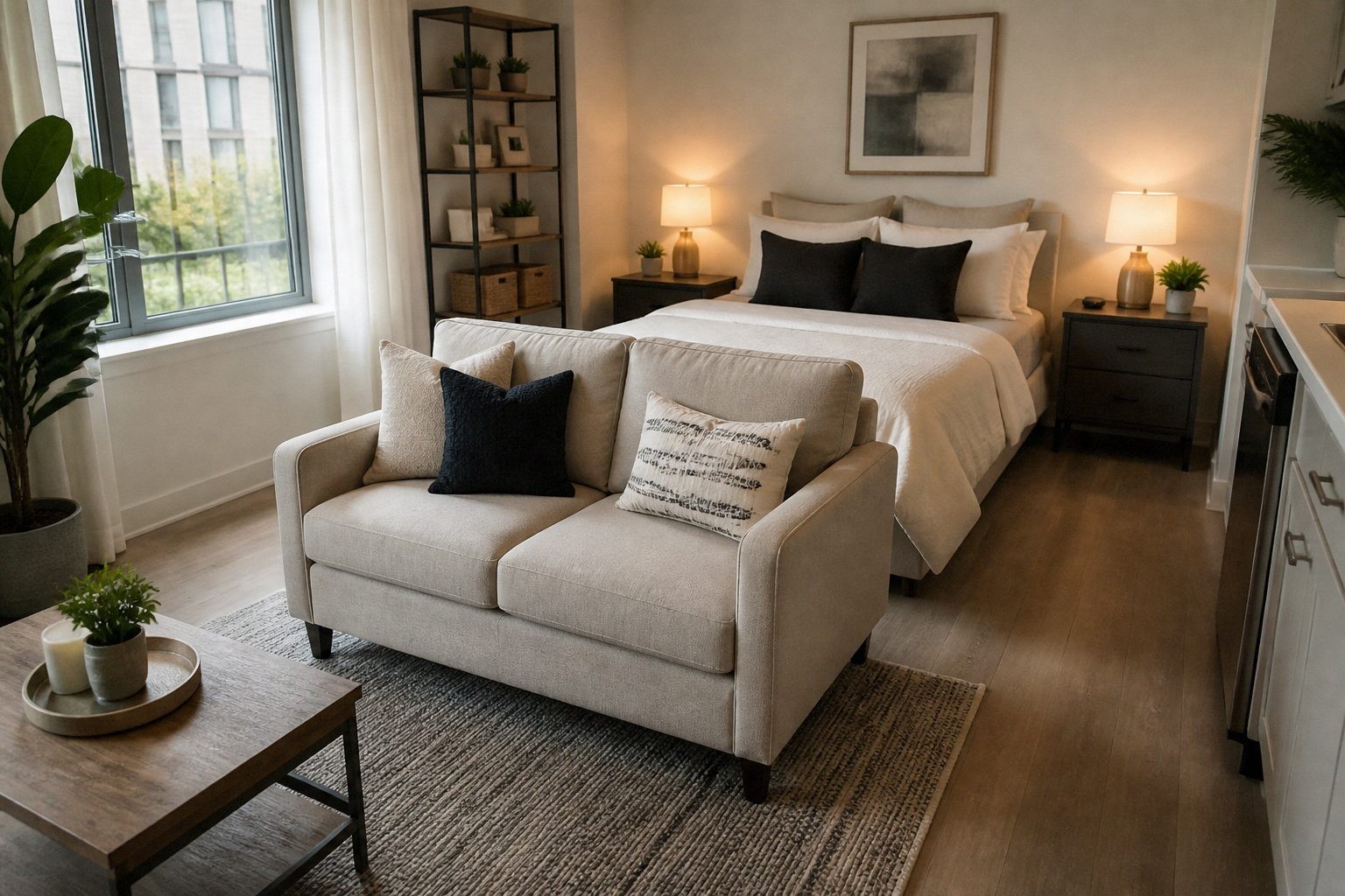 Compact sofa placed at the foot of a studio apartment bed with its back creating a boundary