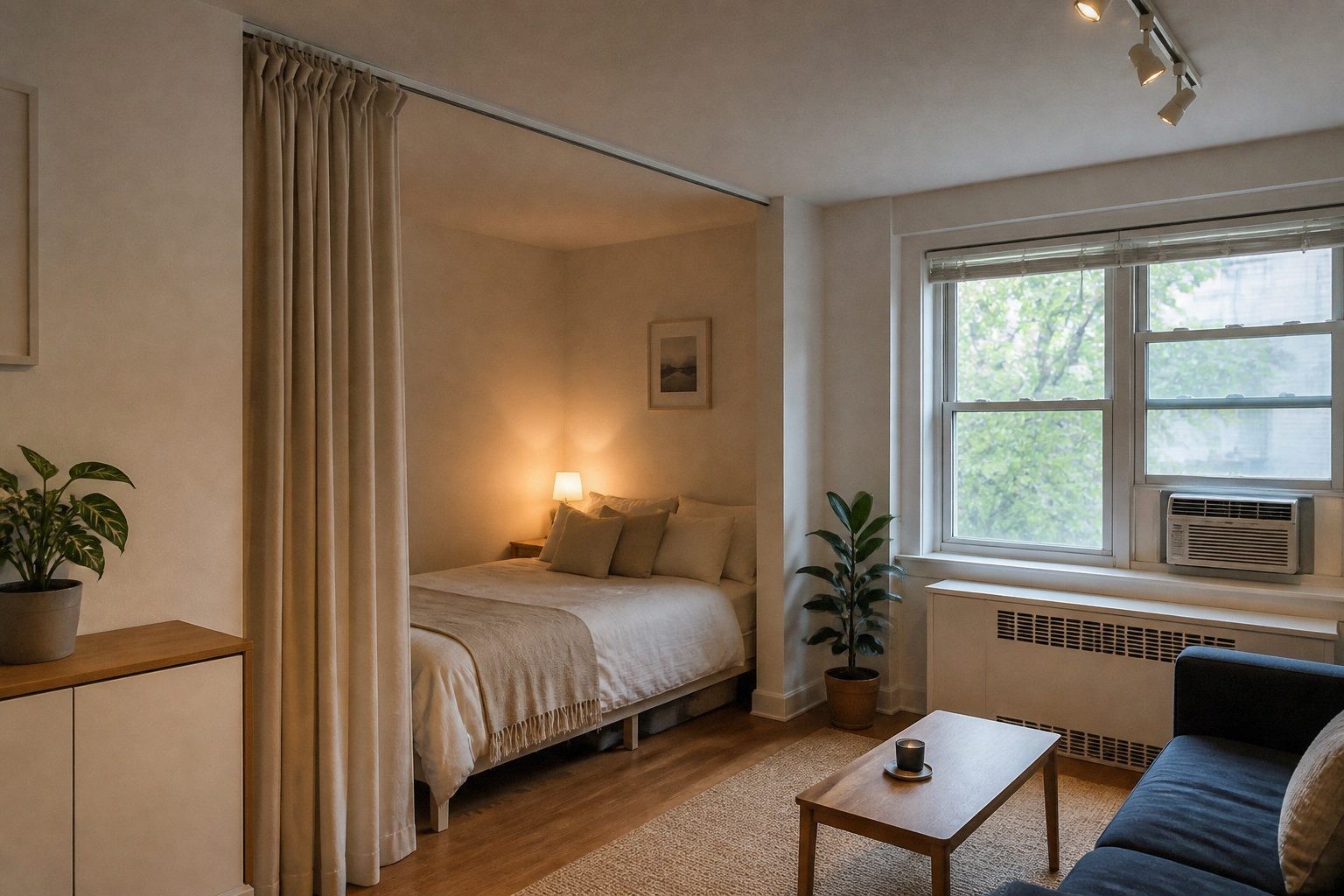 Soft ceiling-track curtain partly drawn around a bed alcove in a rented studio apartment
