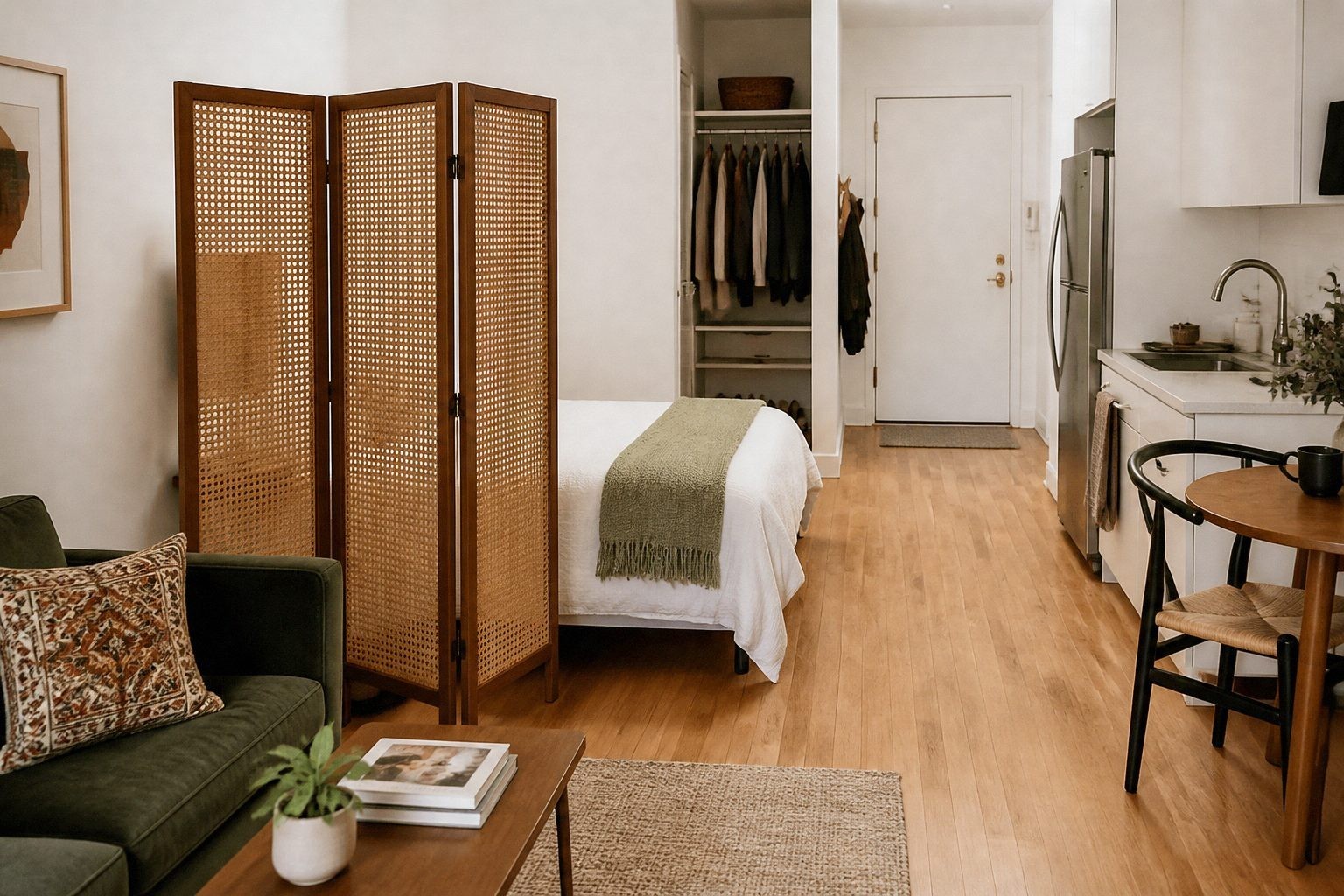 Three-panel wood and cane folding screen shielding the pillow end of a studio bed
