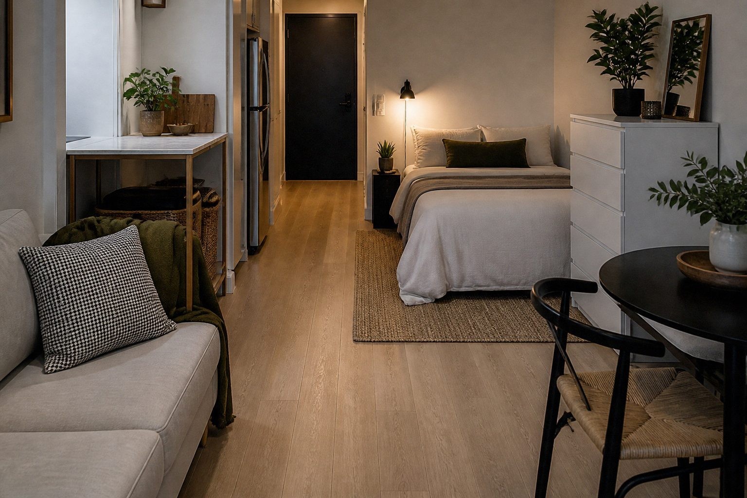 Studio bed tucked into a back corner with a small rug and wall lamp defining the sleep zone