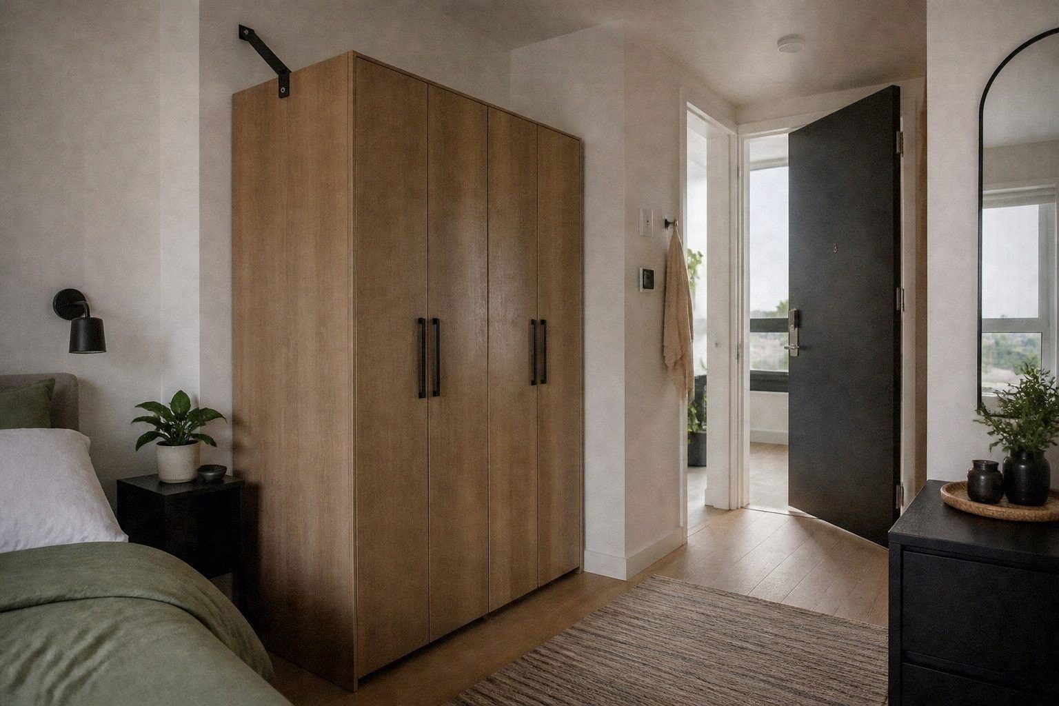 Freestanding wardrobe positioned beside a bed to create a private edge in a small studio