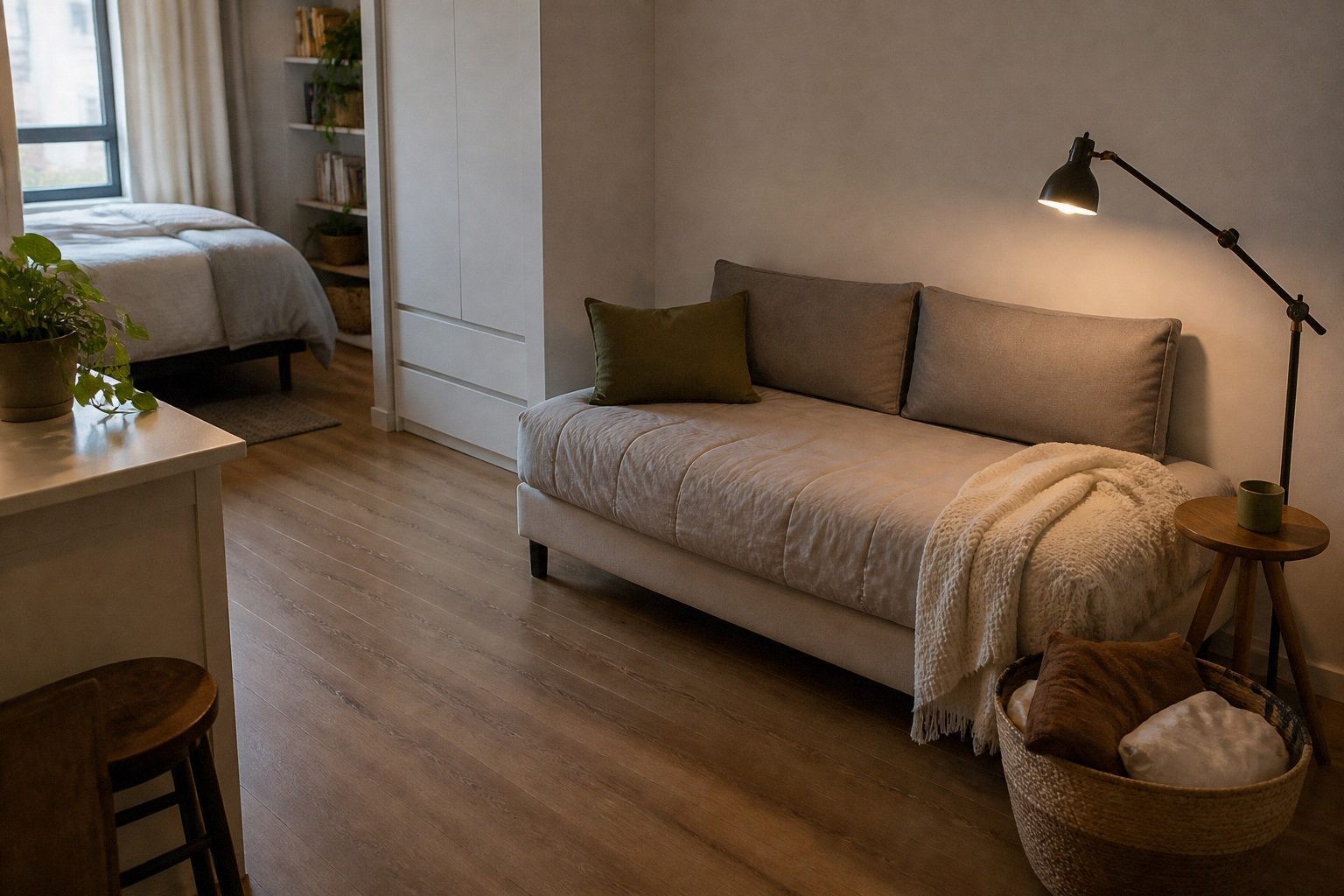 Upholstered daybed along a studio apartment wall with reading lamp and small side table