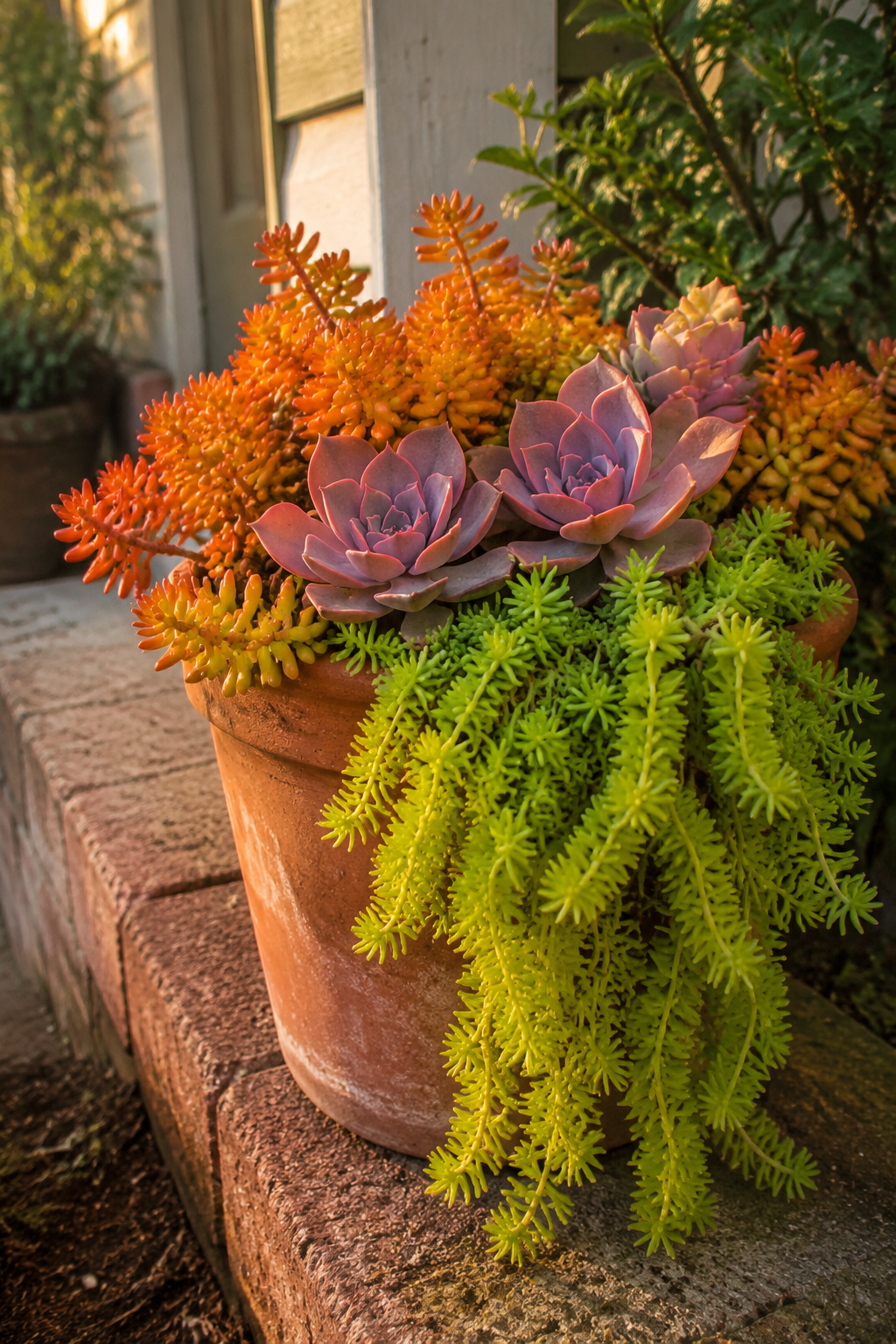 Terracotta container of mixed succulents in sunset palette: orange coppertone sedum, pink echeveria, and trailing chartreuse Angelina sedum