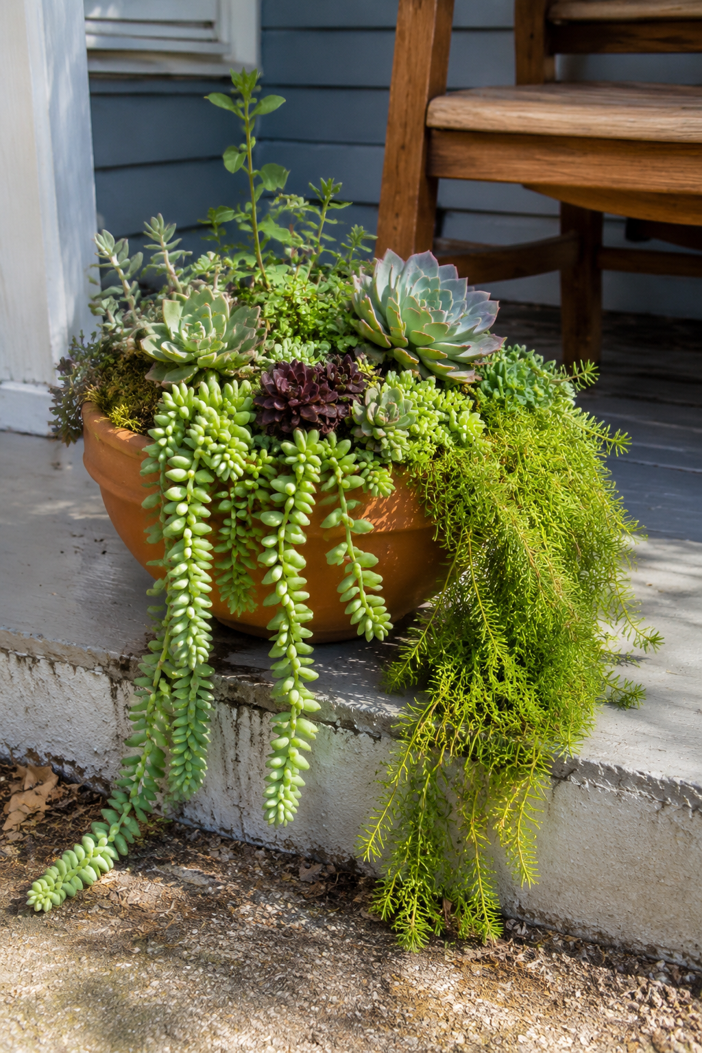Wide terracotta container with mixed succulents and trailing Angelina sedum cascading over the edge on a sunny porch step