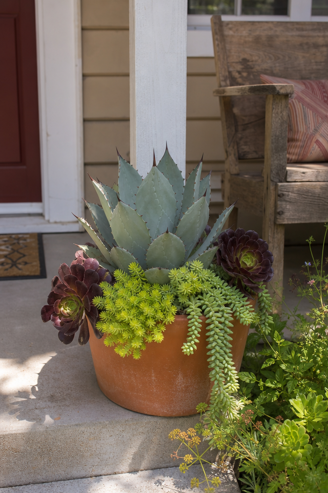 Sun-baked porch step with a 14-inch terracotta succulent container holding agave, sedums, echeveria, and trailing burro's tail