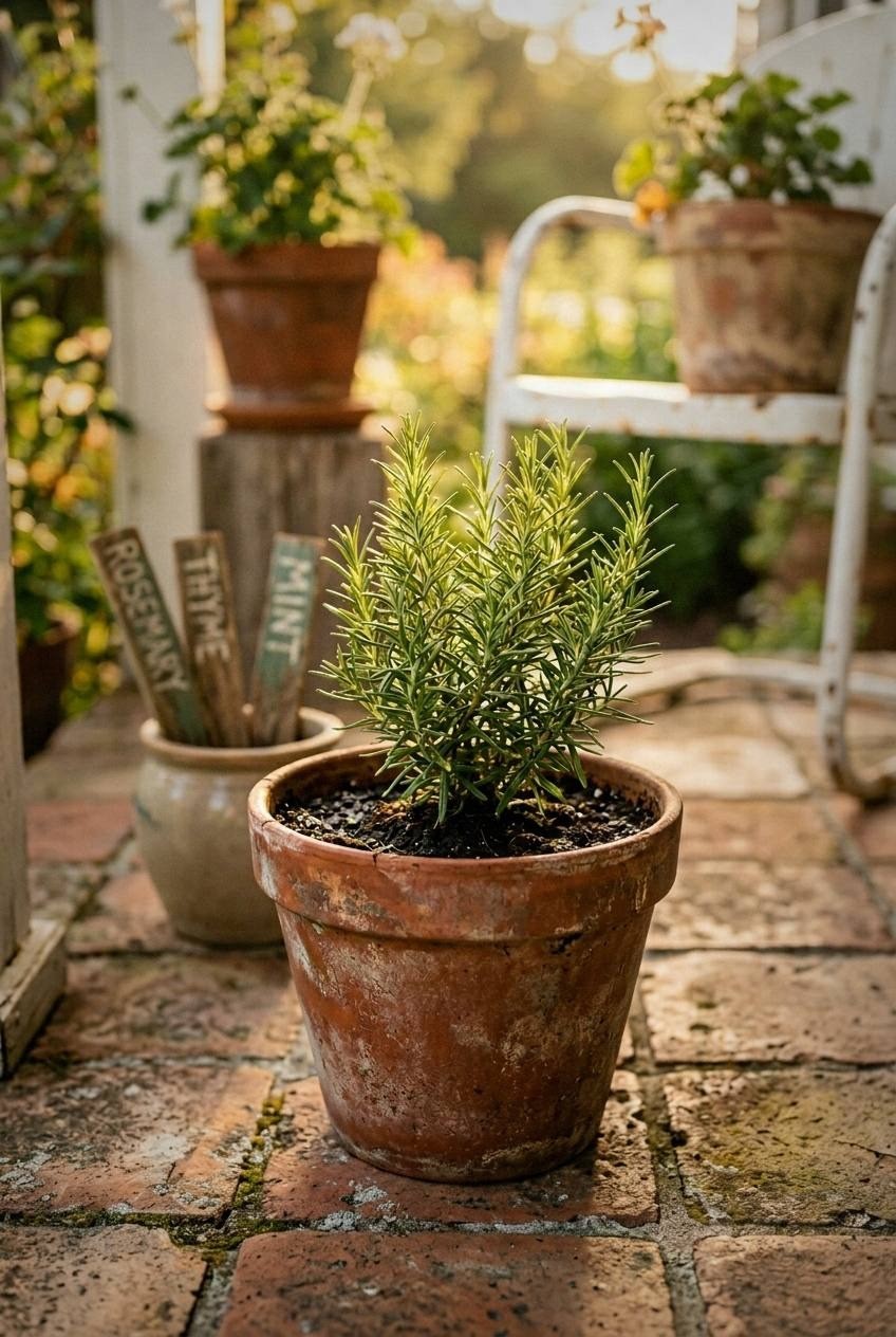 Wooden porch bench with cream linen pillows beside terracotta pots of red geraniums